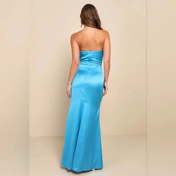 Lulus Ethereal Excellence Teal Blue Satin Pleated Strapless Maxi Dress Party - Picture 6 of 12